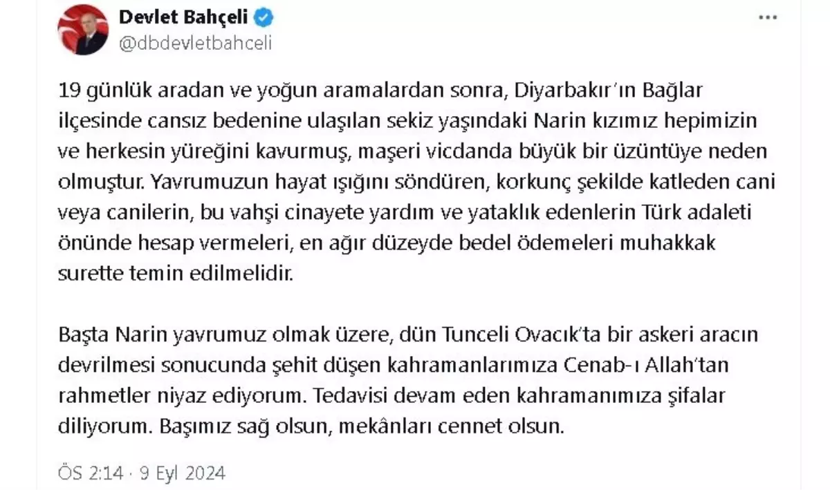 Bahçeli’den Narin Güran cinayeti mesajı