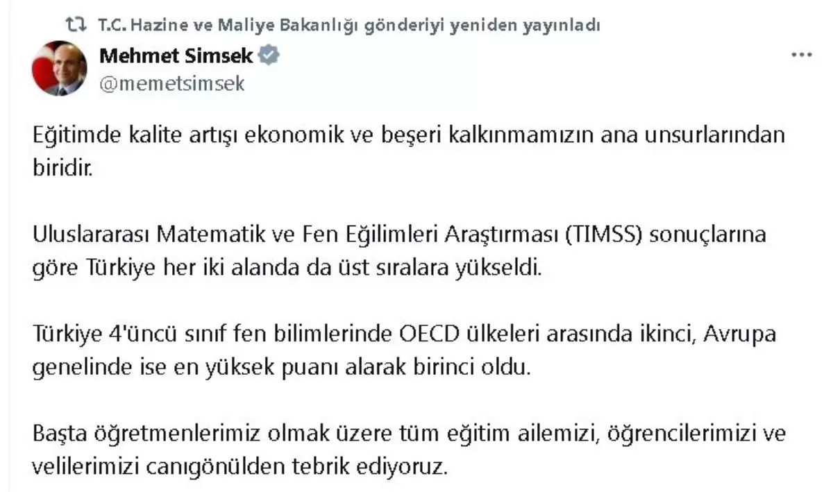 Bakan Şimşek’ten TIMSS Başarısına Kutlama