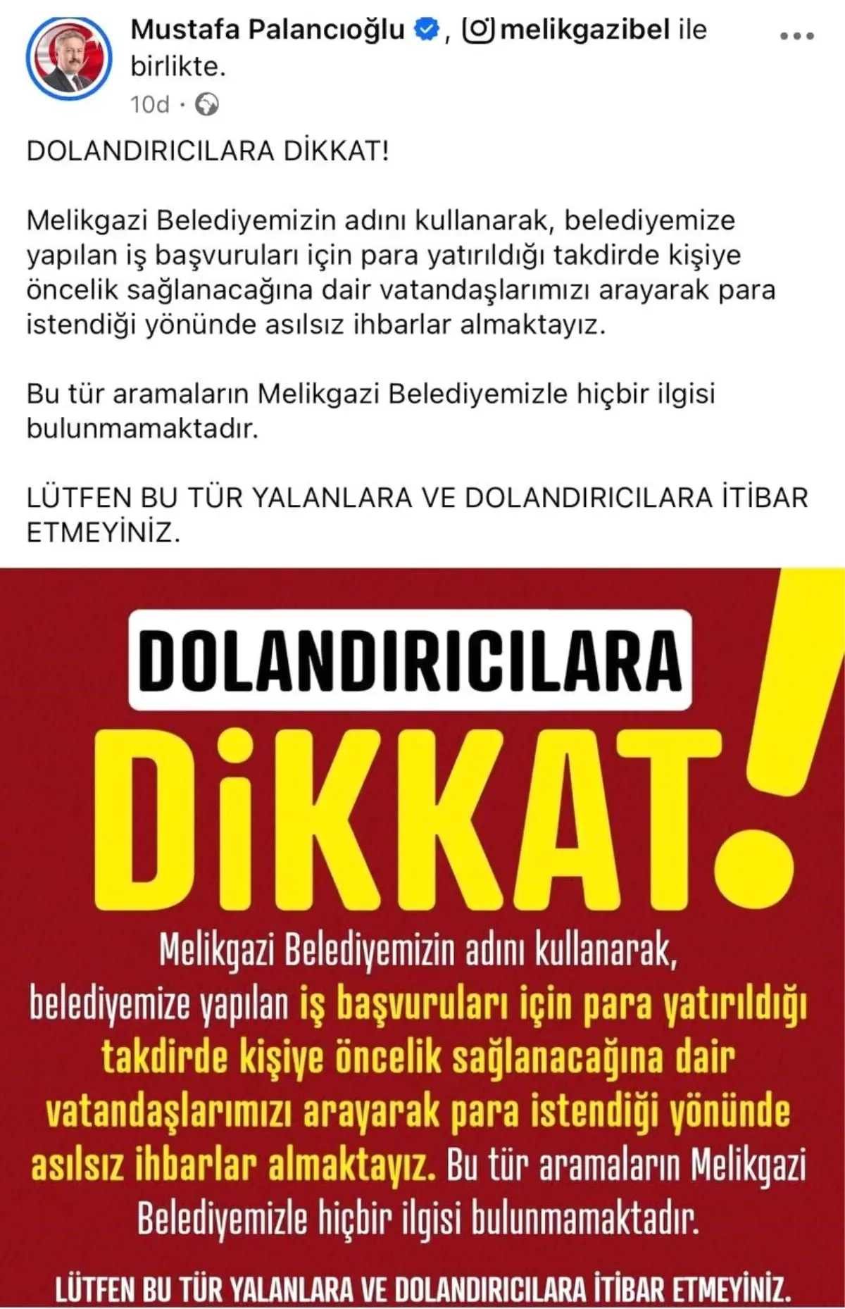 Melikgazi Belediye Başkanı Dolandırıcılara Karşı Uyardı